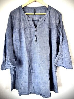 Light Blue Women's Henley Tunic with Ruffle Sleeves